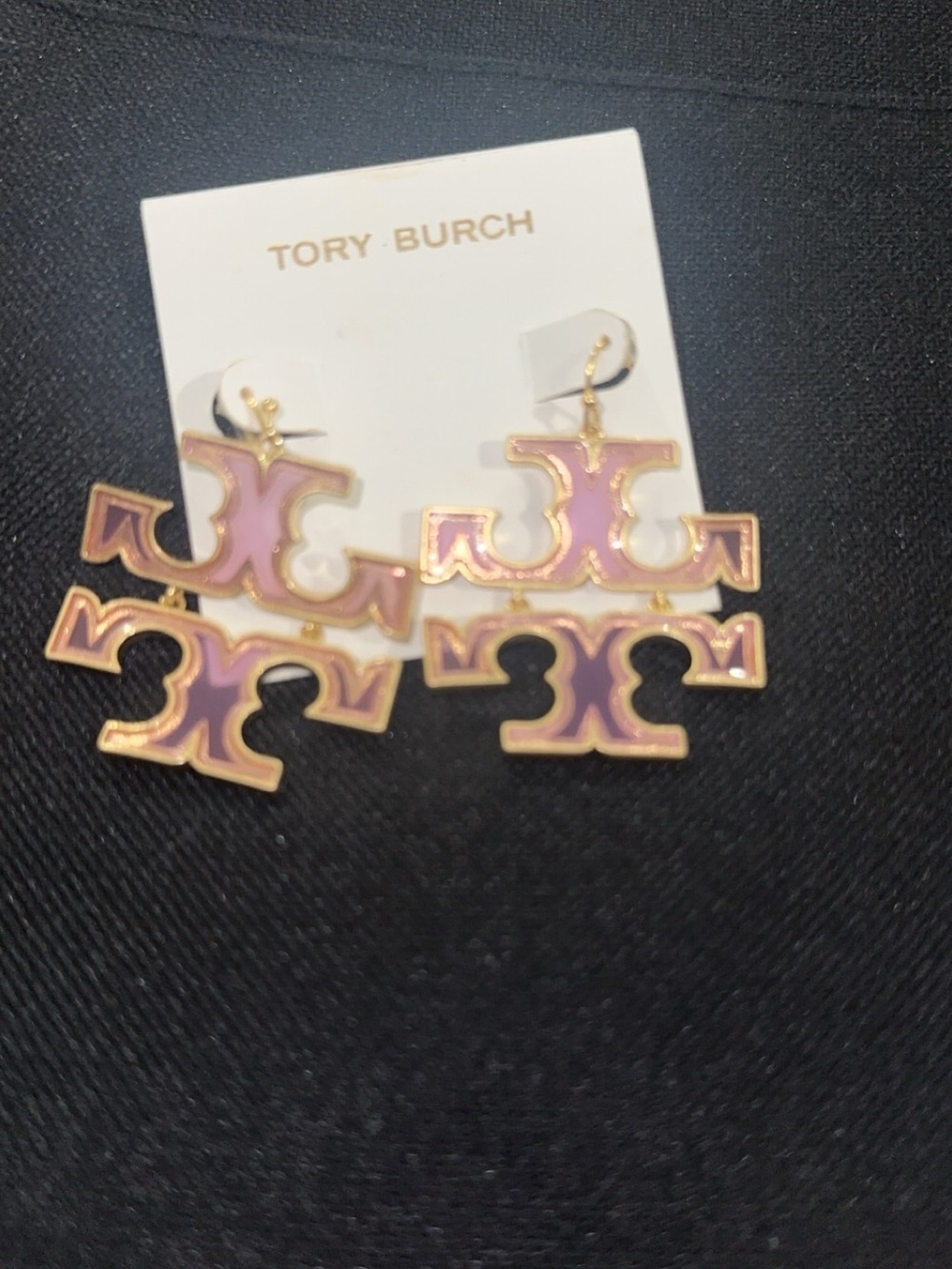 Tory Burch Pink and Gold Double-Logo Dangle Earrings